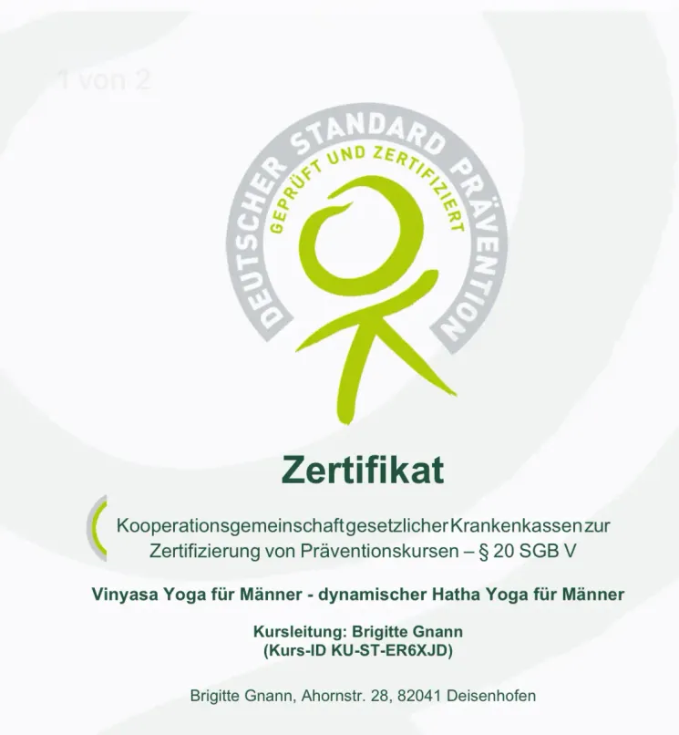 Vinyasa Yoga für Männer - dynamischer Hatha Yoga für Männer 60 min - zertifizierter Präventionskurs Krankenkasse @ Brigitte Gnann